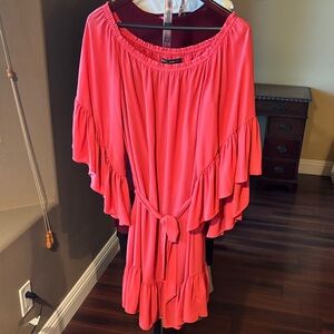 White House Black Market Peach Orange Red Fun Gathered Ruffled Dress